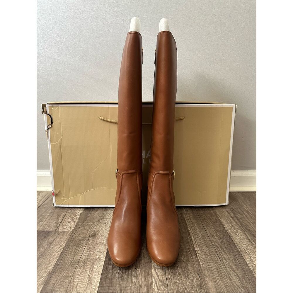 Michael Kors Side Zip Logo Buckle Carmen Leather Tall Riding Boots Luggage Sz 7 - Picture 5 of 9